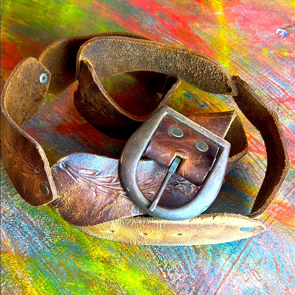 VINTAGE ANTIQUE LEATHER BELT large buckle cowhide leather handcrafted floral